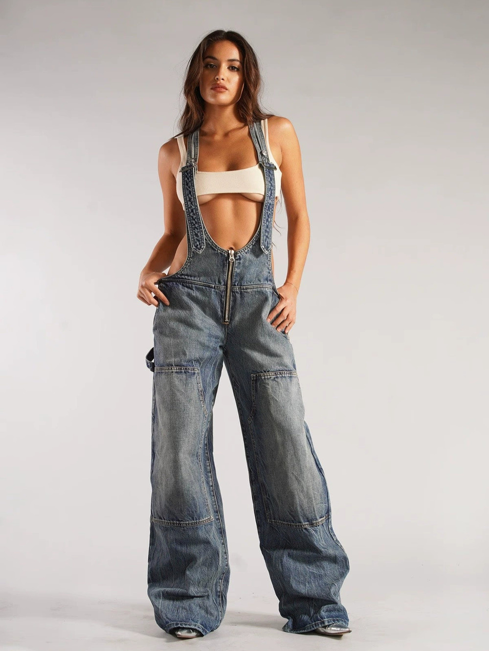 ZARA Womens Loose Fit Sexy Dark Denim Overalls Streetwear Dungarees